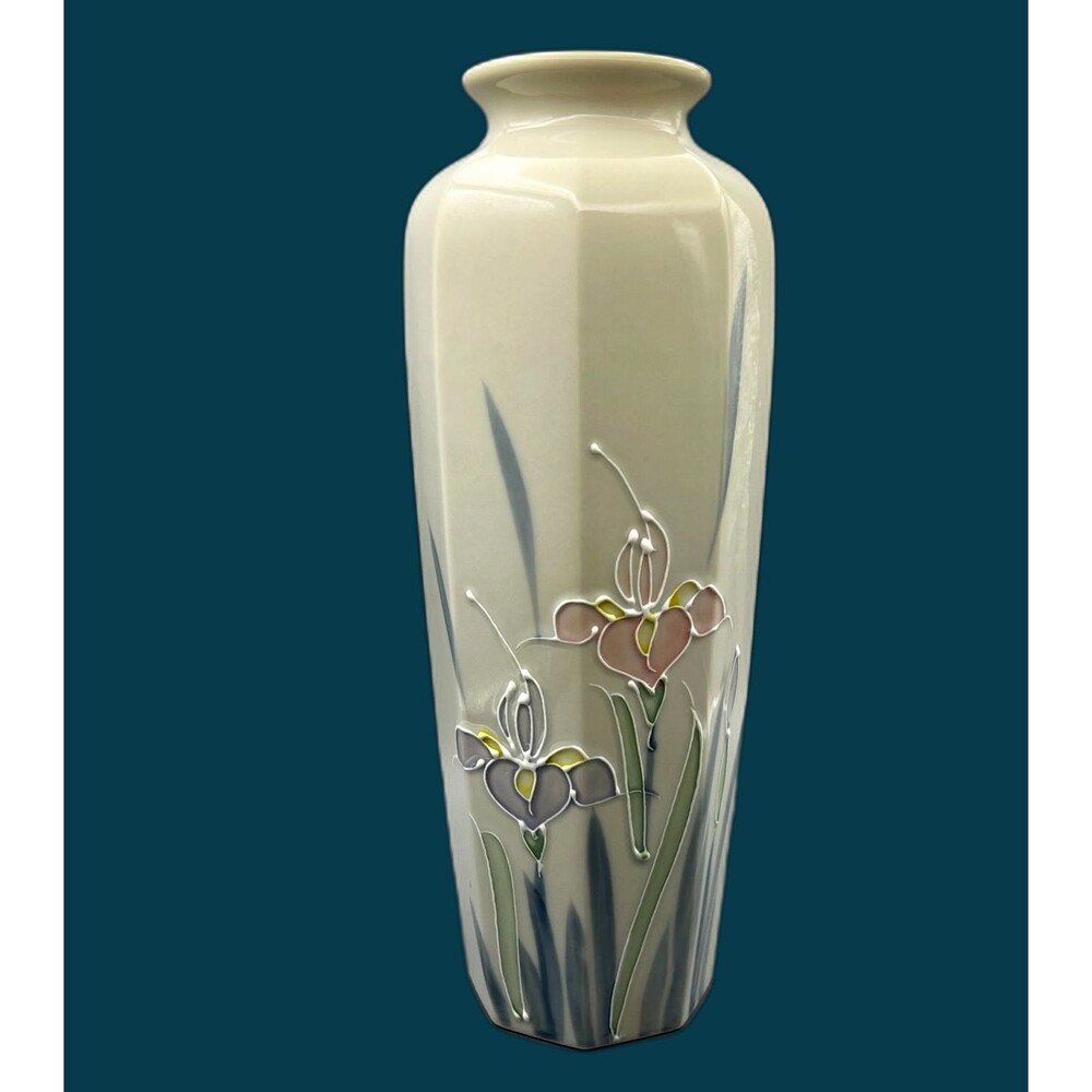 Vintage Floral Lite Iris Vase 10.5" Hand Painted Ceramic Japan Otagiri Style